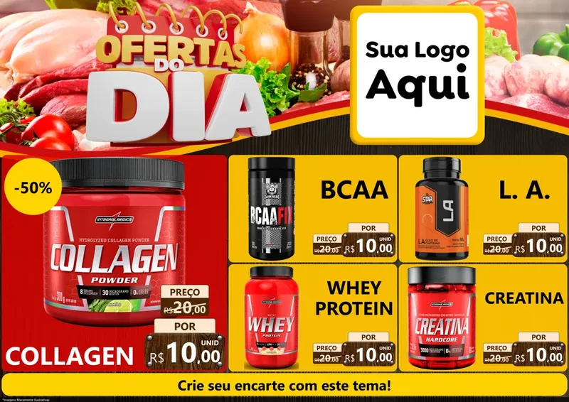 Modelo de Encarte para Encarte A4 Horizontal com o tema Ofertas do Dia para Suplementos alimentares