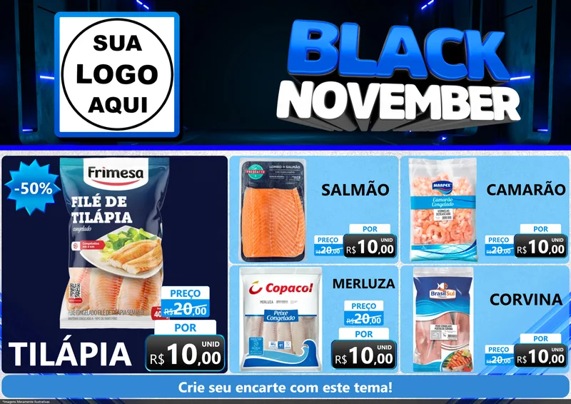 Modelo de Encarte para Encarte A4 Horizontal com o tema Black November para Peixaria