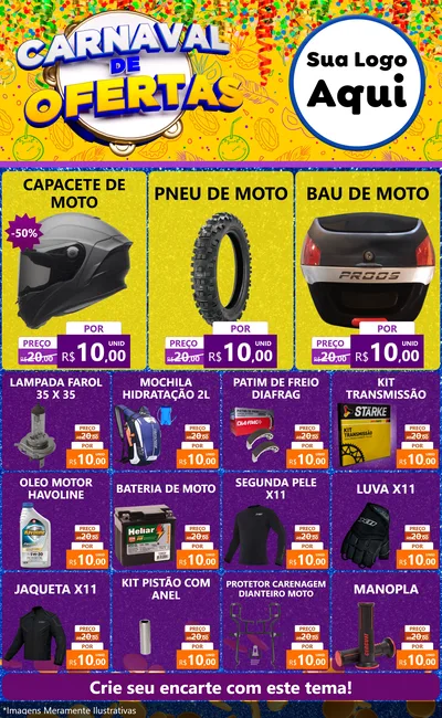Modelo de Encarte para Encarte Grande com o tema Carnaval de Ofertas para Moto peças