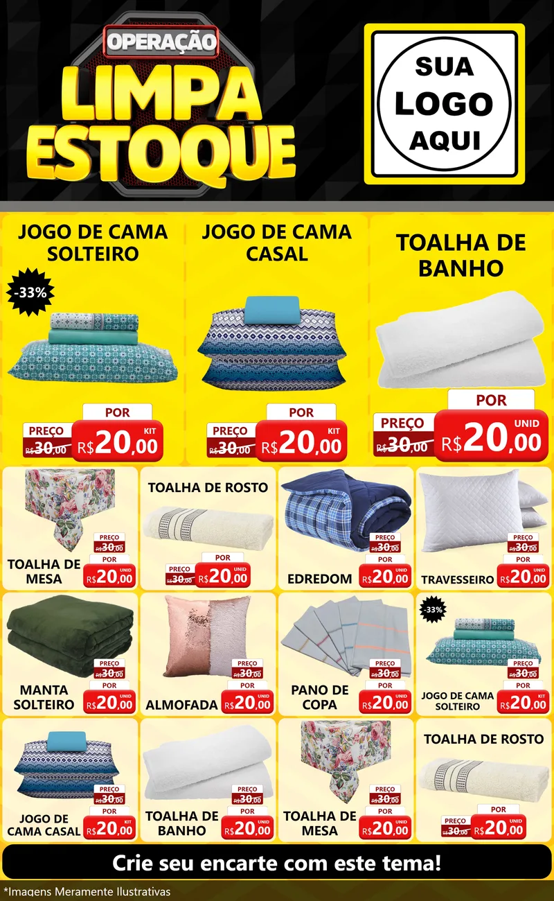 Modelo de Encarte para Encarte Grande com o tema Operação Limpa Estoque para Cama, Mesa e Banho