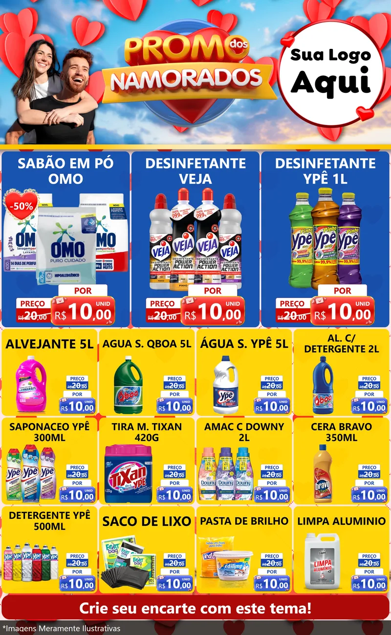 Modelo de Encarte para Encarte Grande com o tema Promo dos Namorados para Produtos de Limpeza
