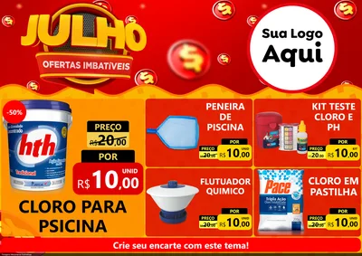 Modelo de Encarte para Encarte A4 Horizontal com o tema Julho Ofertas Imbatíveis para Produtos para Piscina