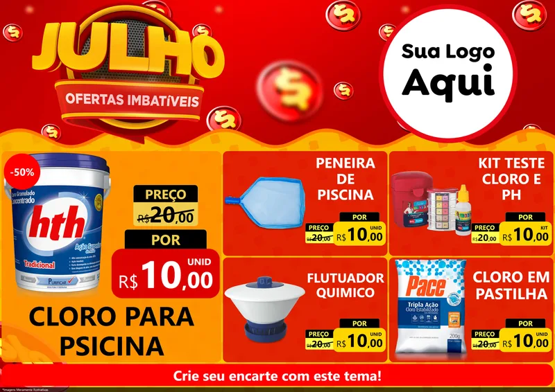 Modelo de Encarte para Encarte A4 Horizontal com o tema Julho Ofertas Imbatíveis para Produtos para Piscina