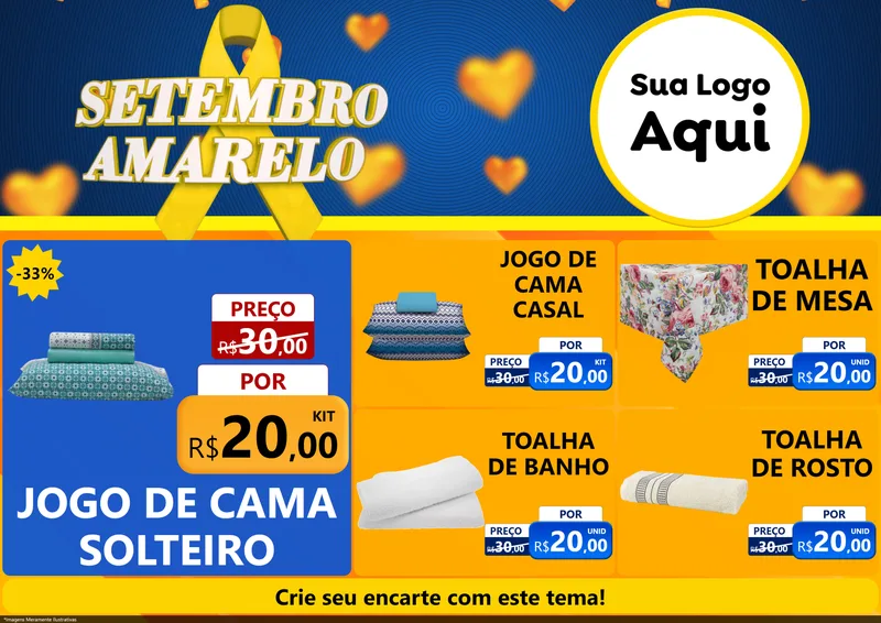 Modelo de Encarte para Encarte A4 Horizontal com o tema Setembro Amarelo para Cama, Mesa e Banho