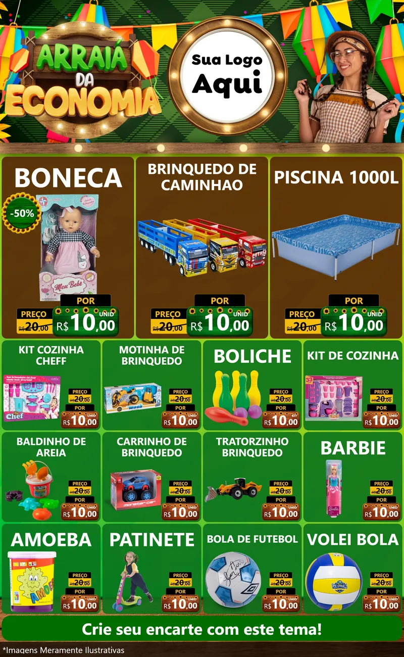 Modelo de Encarte para Encarte Grande com o tema Arraiá de Economia para Brinquedos