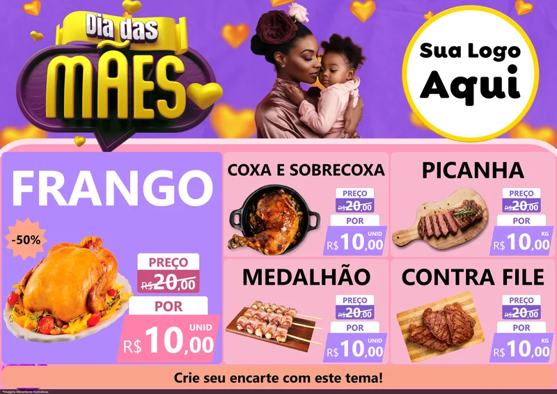 Modelo de Encarte para Encarte A4 Horizontal com o tema Dia das Mães para Assados