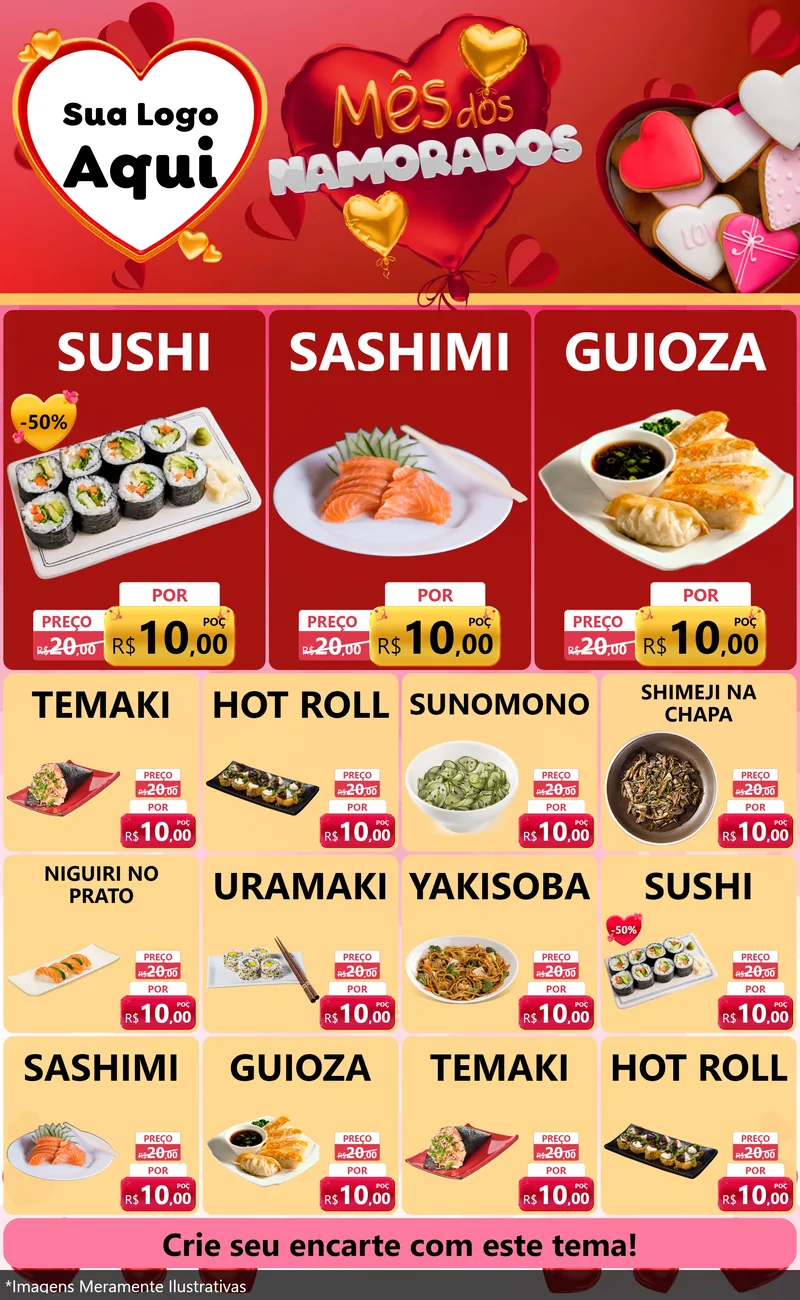 Modelo de Encarte para Encarte Grande com o tema Mês dos Namorados para Comida japonesa