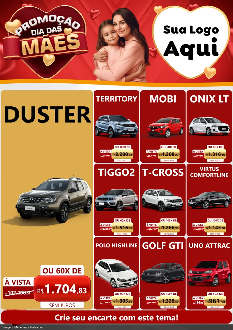 Modelo de Encarte para Encarte A4 Vertical com o tema Promoção Dia das Mães para Concessionaria de Carros