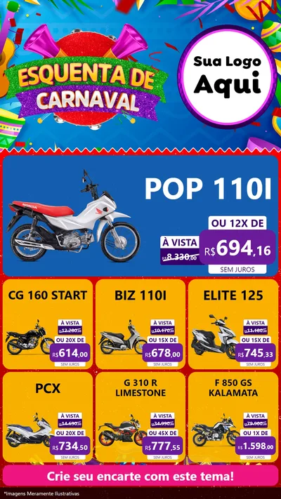 Modelo de Rede Social para Stories com o tema Esquenta de Carnaval para Concessionaria de Motos