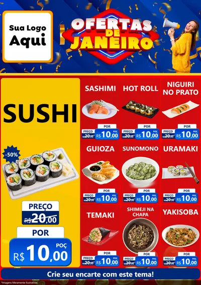 Modelo de Encarte para Encarte A4 Vertical com o tema Ofertas de Janeiro para Comida japonesa