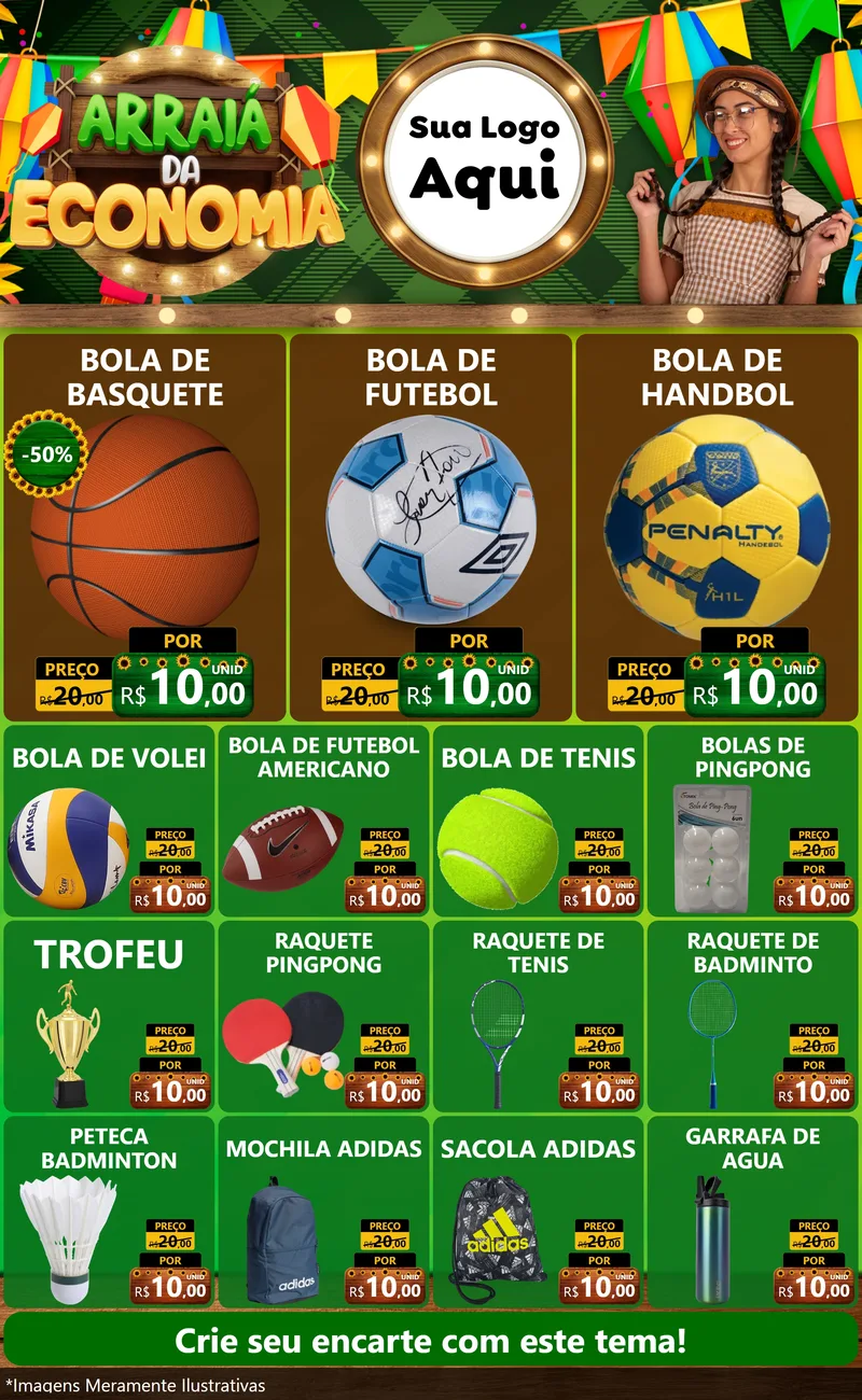 Modelo de Encarte para Encarte Grande com o tema Arraiá de Economia para Artigos Esportivos