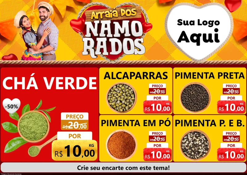 Modelo de Encarte para Encarte A4 Horizontal com o tema Arraiá dos Namorados para Produtos Naturais