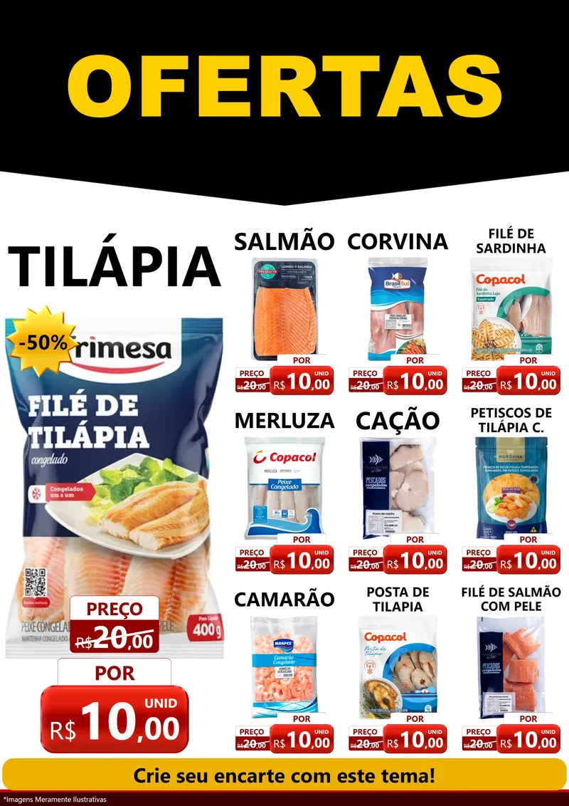 Modelo de Encarte para Encarte A4 Vertical com o tema Ofertas Preto e Vermelho Cartaz para Peixaria