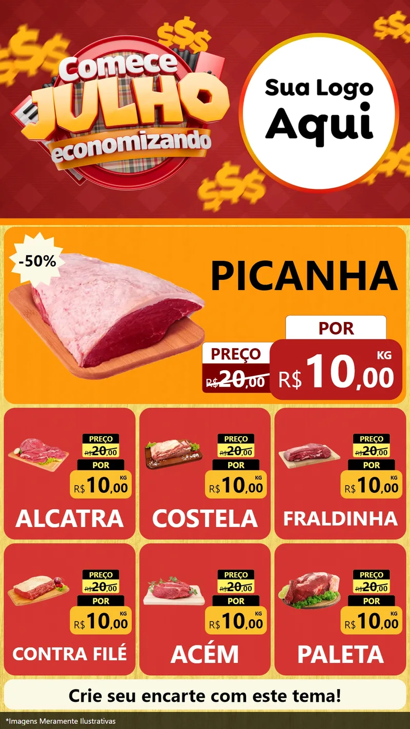 Modelo de Rede Social para Stories com o tema Comece Julho Economizando para Açougue