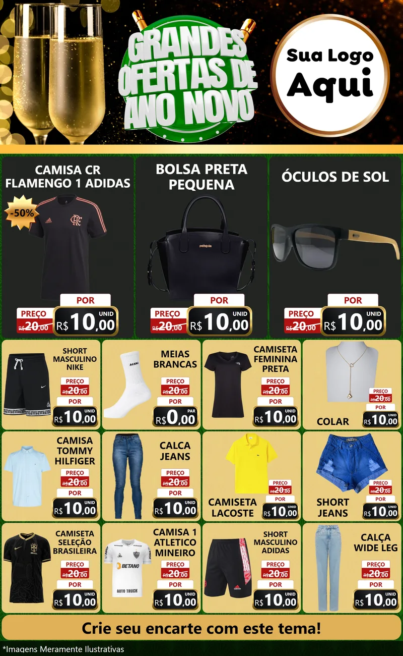 Modelo de Encarte para Encarte Grande com o tema Grandes Ofertas de Ano Novo para Roupas e acessórios
