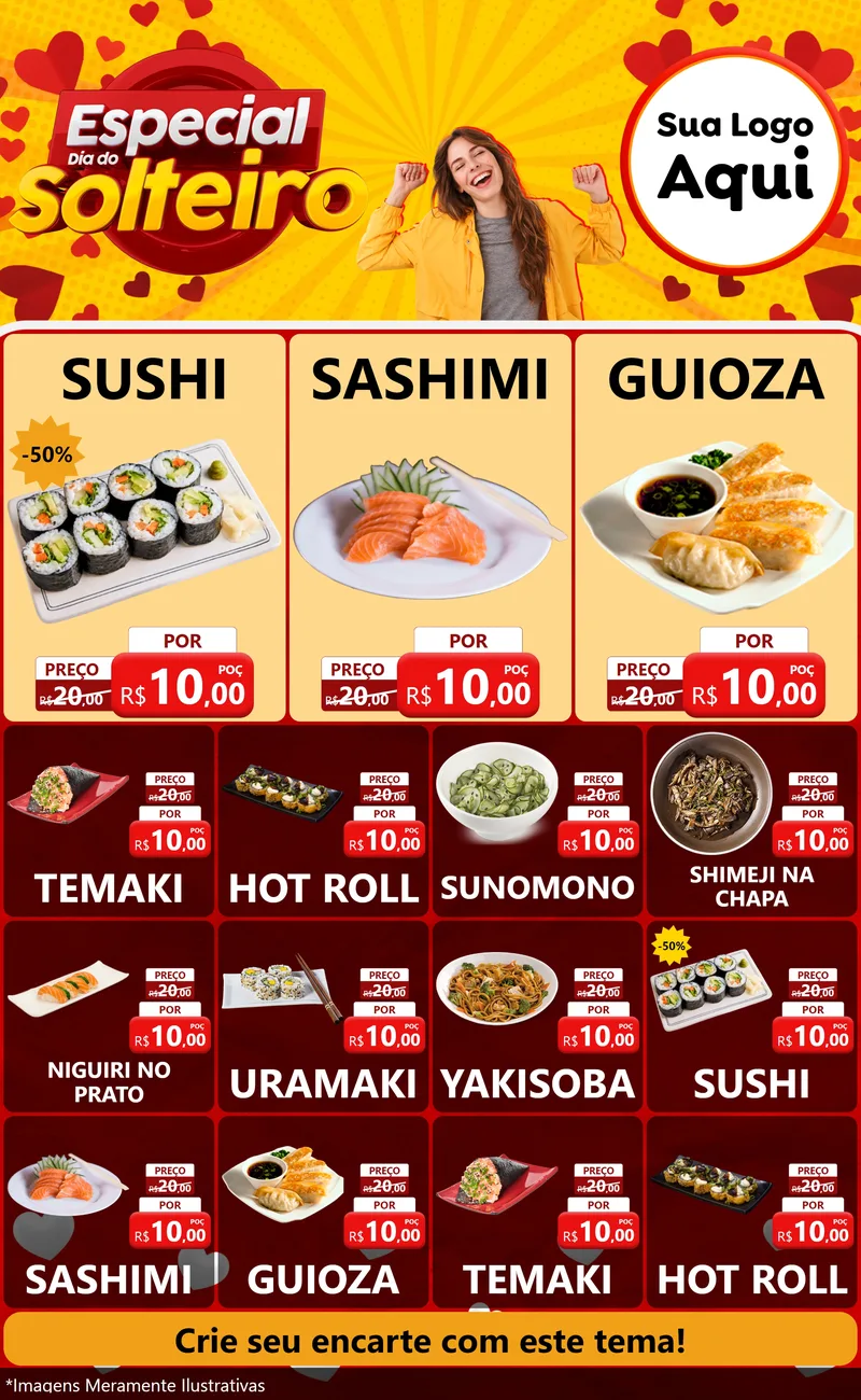 Modelo de Encarte para Encarte Grande com o tema Especial Dia do Solteiro para Comida japonesa