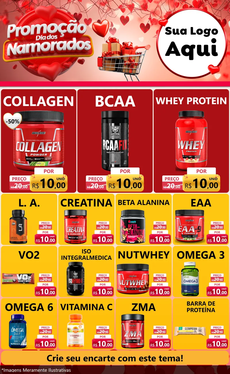 Modelo de Encarte para Encarte Grande com o tema Promoção Dia dos Namorados para Suplementos alimentares