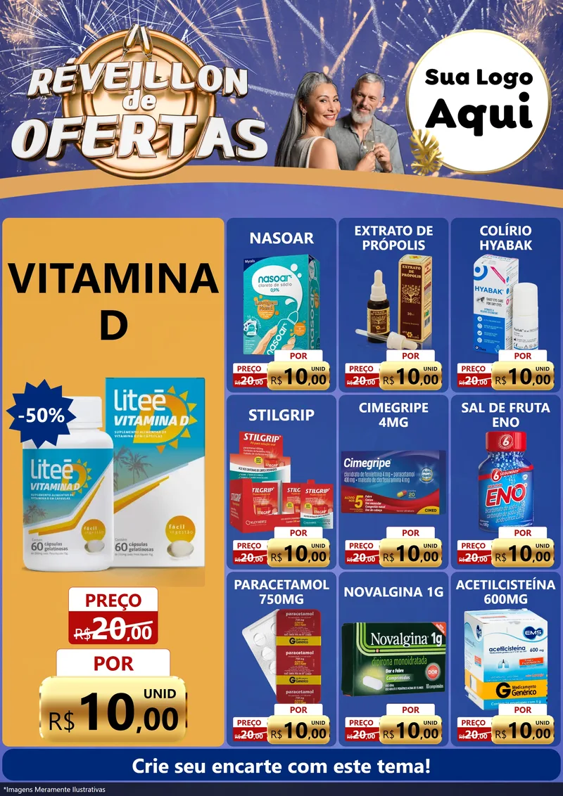 Modelo de Encarte para Encarte A4 Vertical com o tema Réveillon de Ofertas para Farmácia