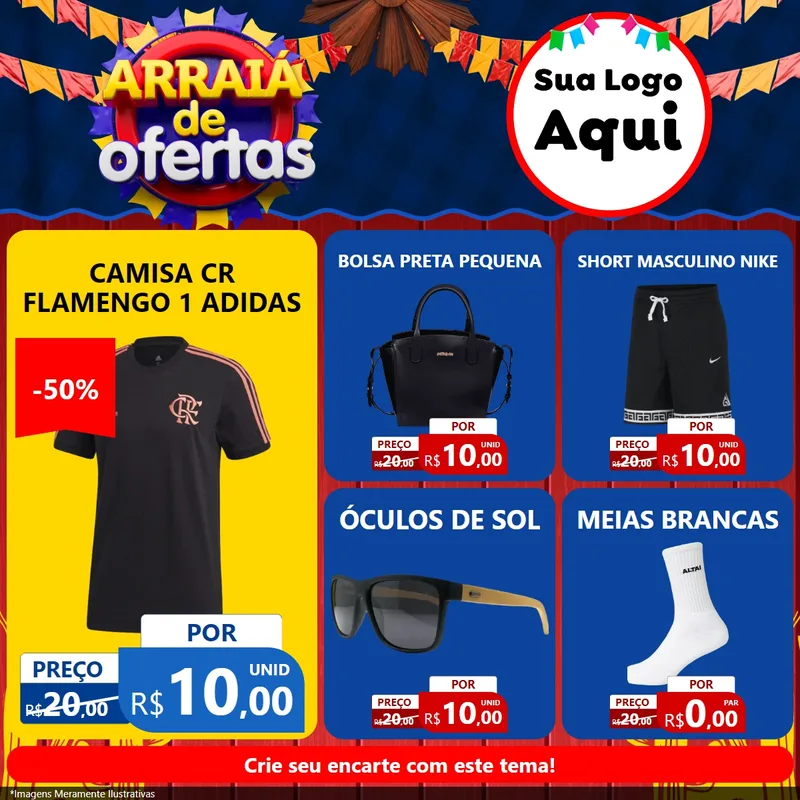 Modelo de Rede Social para Feed Facebook com o tema Arraiá de Ofertas para Roupas e acessórios