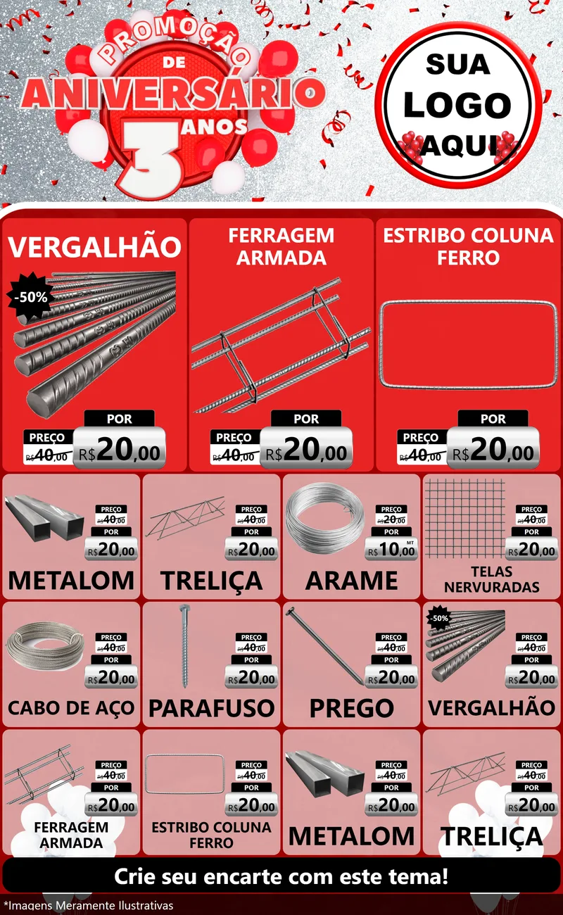 Modelo de Encarte para Encarte Grande com o tema Promoção de Aniversário - 3 Anos para Ferragens