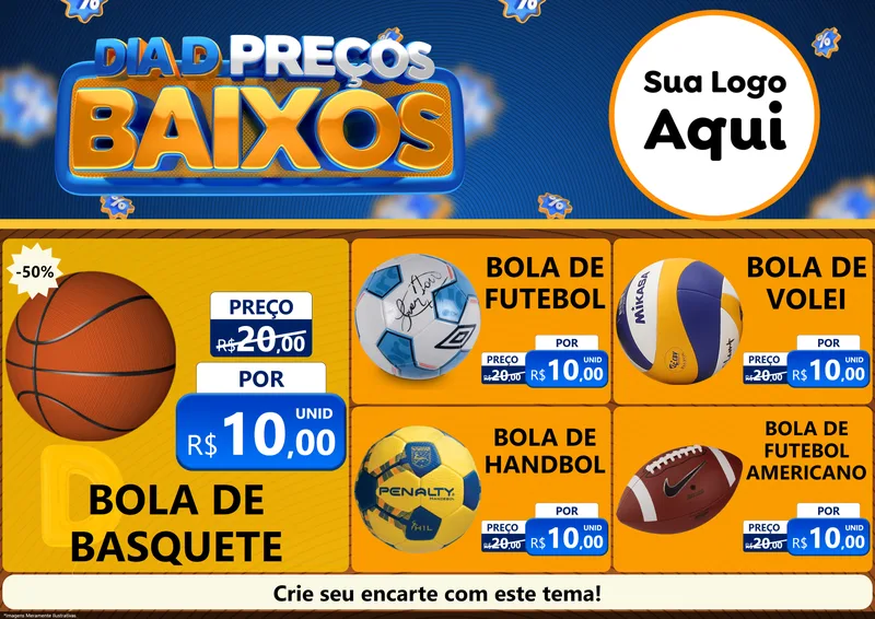 Modelo de Encarte para Encarte A4 Horizontal com o tema Dia D Preço Baixo para Artigos Esportivos