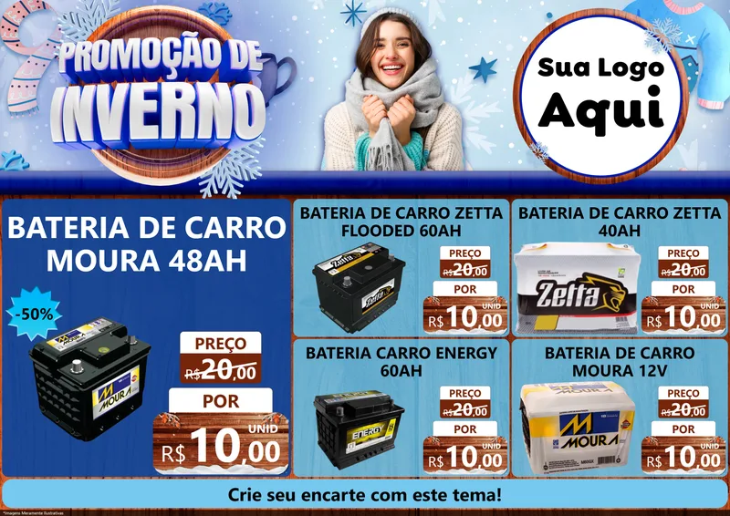 Modelo de Encarte para Encarte A4 Horizontal com o tema Promoção de Inverno para Baterias Elétricas