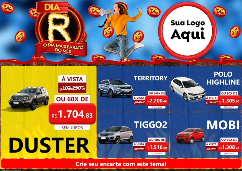 Modelo de Encarte para Encarte A4 Horizontal com o tema Dia R - O Dia Mais Barato Do Mês para Concessionaria de Carros