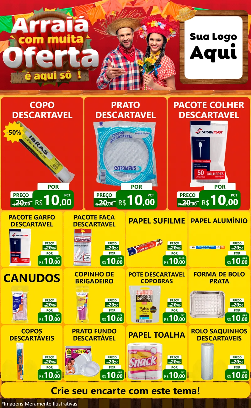 Modelo de Encarte para Encarte Grande com o tema Arraiá Com Muita Oferta - É Aqui Sô! para Embalagens