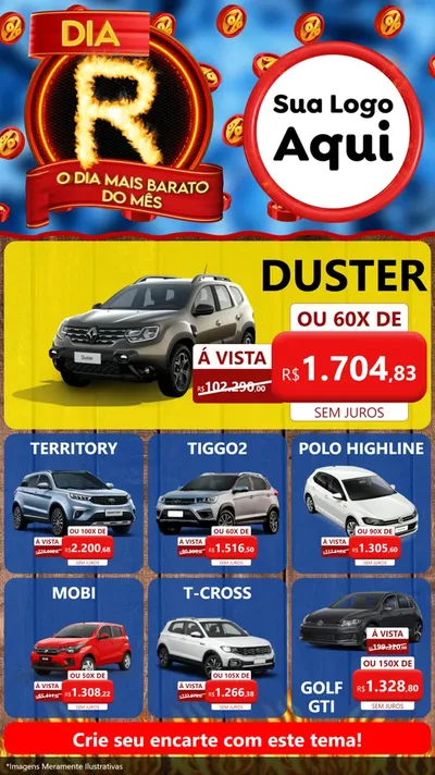 Modelo de Rede Social para Stories com o tema Dia R - O Dia Mais Barato Do Mês para Concessionaria de Carros