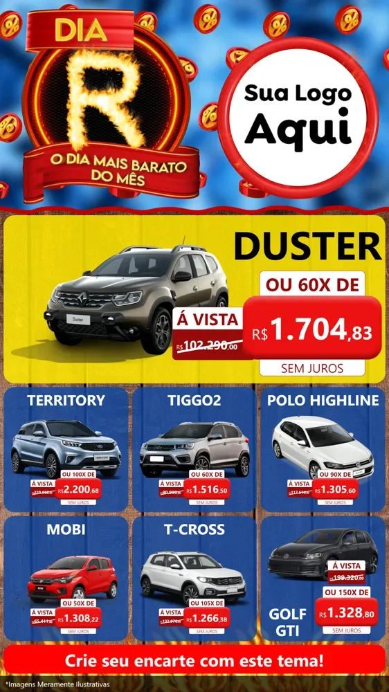 Modelo de Rede Social para Stories com o tema Dia R - O Dia Mais Barato Do Mês para Concessionaria de Carros