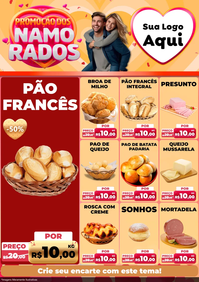 Modelo de Encarte para Encarte A4 Vertical com o tema Promoção dos Namorados para Padaria