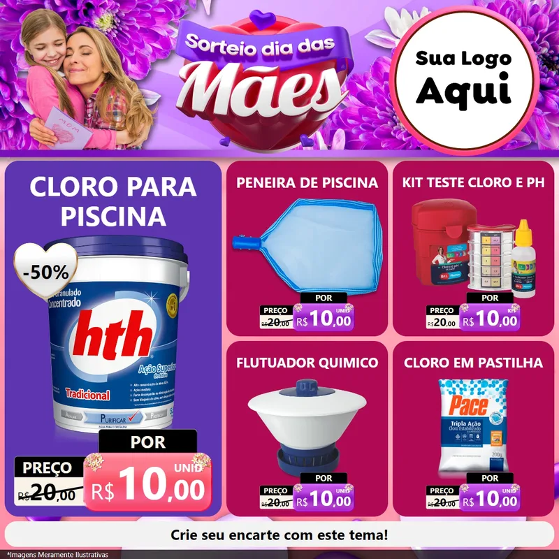 Modelo de Rede Social para Feed Facebook com o tema Sorteio Dia das Mães para Produtos para Piscina