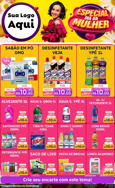 Modelo de Encarte para Encarte Grande com o tema Especial Dia da Mulher para Produtos de Limpeza