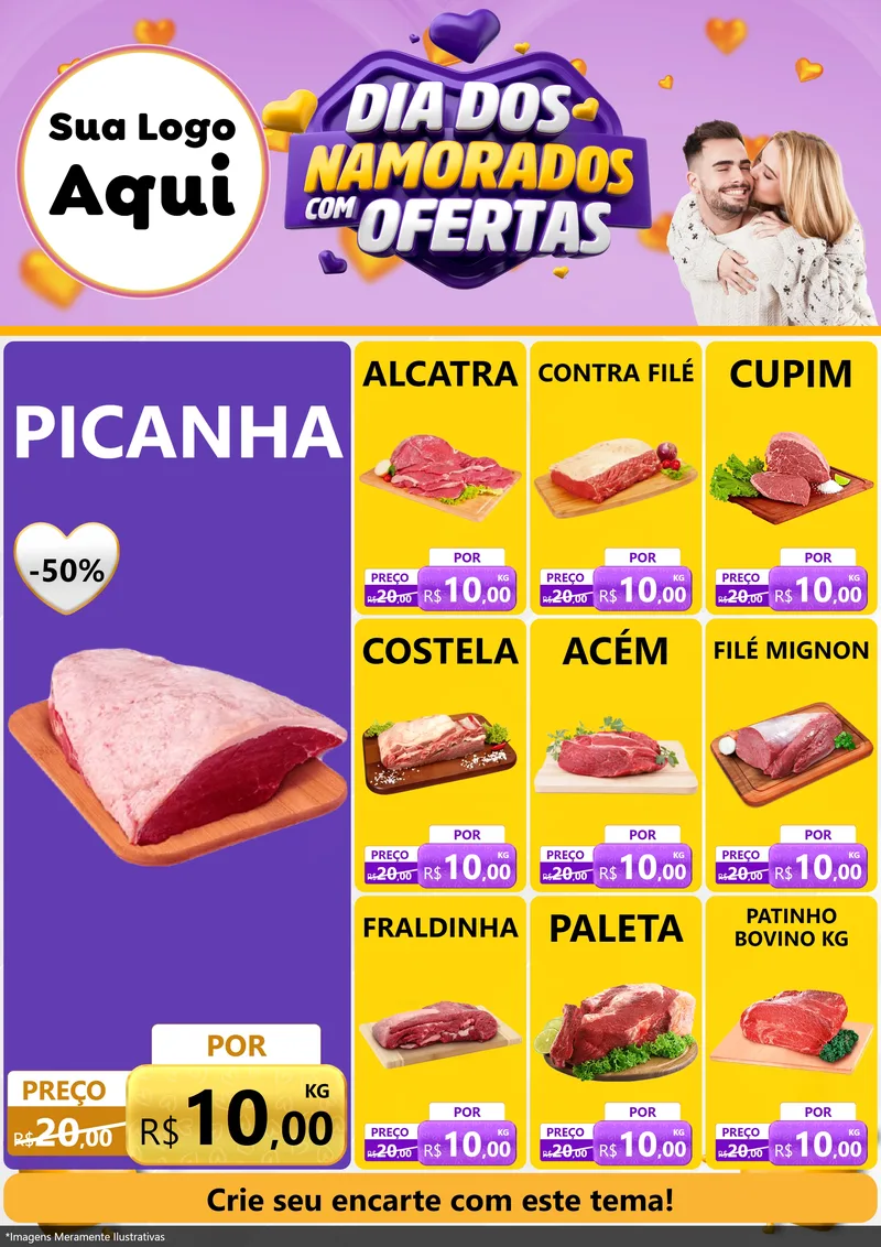 Modelo de Encarte para Encarte A4 Vertical com o tema Dia Dos Namorados Com Ofertas para Açougue