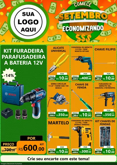 Modelo de Encarte para Encarte A4 Vertical com o tema Comece Setembro Economizando para Maquinas e Ferramentas