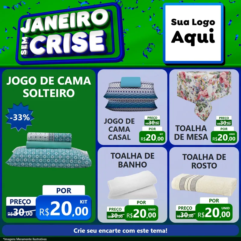Modelo de Rede Social para Feed Facebook com o tema Janeiro Sem Crise para Cama, Mesa e Banho