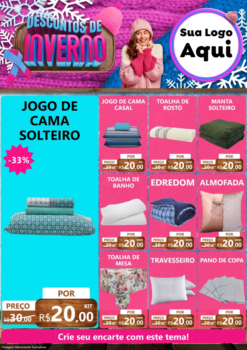 Modelo de Encarte para Encarte A4 Vertical com o tema Descontos de Inverno para Cama, Mesa e Banho
