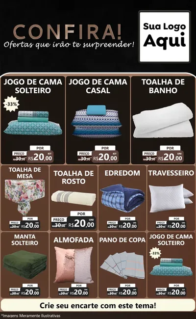 Modelo de Encarte para Encarte Grande com o tema Confira! Ofertas que irão te surpreender! para Cama, Mesa e Banho