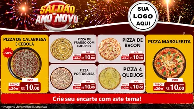 Modelo de TV para TV Horizontal com o tema Saldão de Ano Novo para Pizzaria