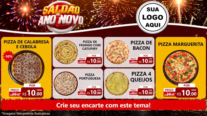 Modelo de TV para TV Horizontal com o tema Saldão de Ano Novo para Pizzaria