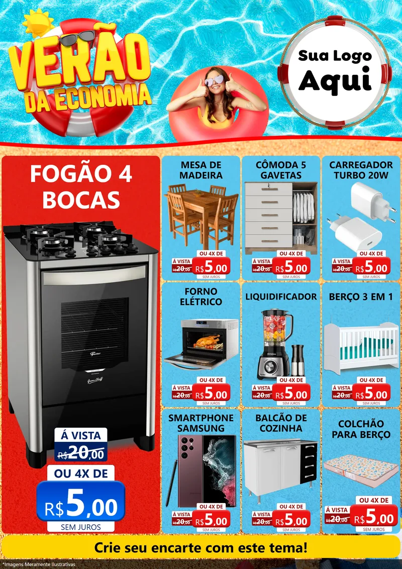Modelo de Encarte para Encarte A4 Vertical com o tema Verão da Economia para Móveis e Eletro