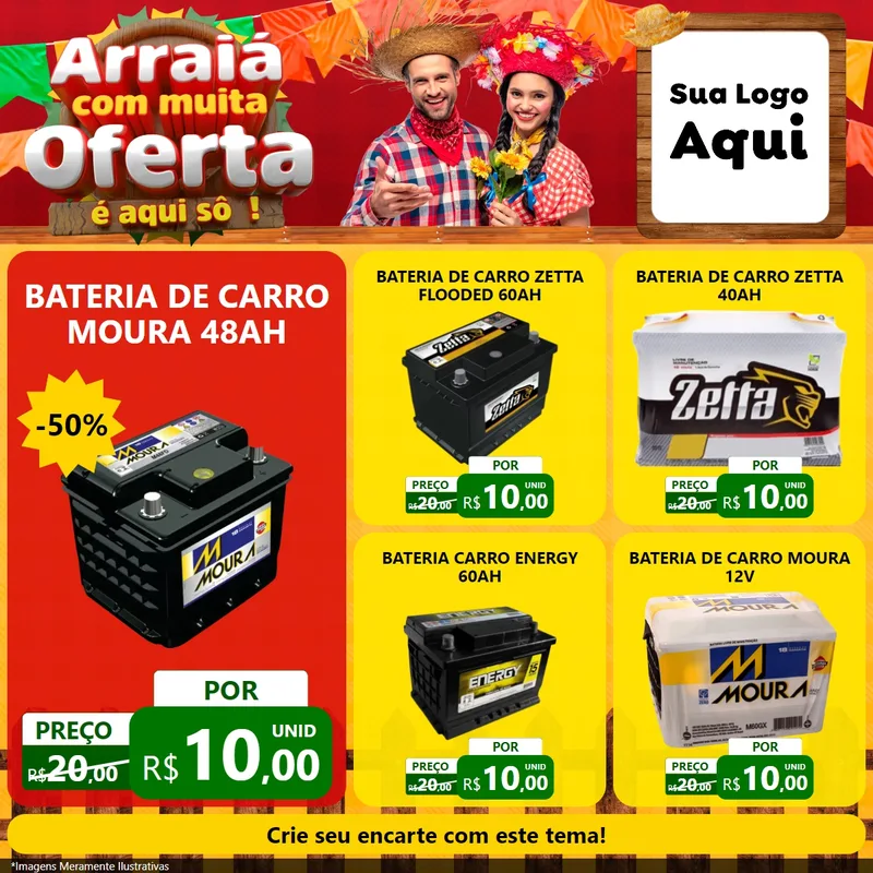 Modelo de Rede Social para Feed Facebook com o tema Arraiá Com Muita Oferta - É Aqui Sô! para Baterias Elétricas