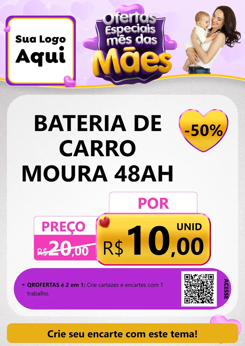 Modelo de Cartaz para Cartaz A4 Vertical com o tema Ofertas Especiais - Mês das Mães para Baterias Elétricas