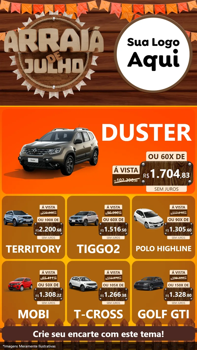 Modelo de Rede Social para Stories com o tema Arraiá de Julho - Junina para Concessionaria de Carros