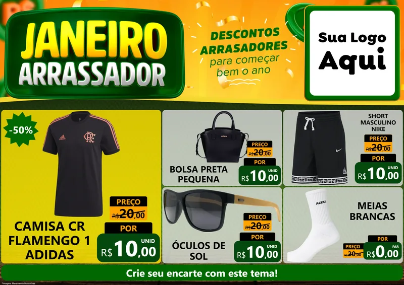 Modelo de Encarte para Encarte A4 Horizontal com o tema Janeiro Arrasador para Roupas e acessórios