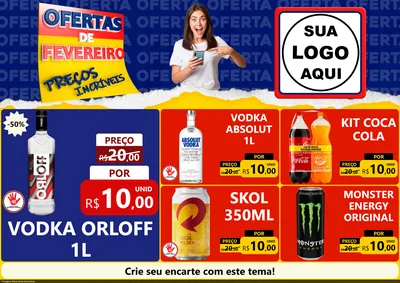 Modelo de Encarte para Encarte A4 Horizontal com o tema Ofertas de Fevereiro - Preços Incríveis para Distribuidora de bebidas