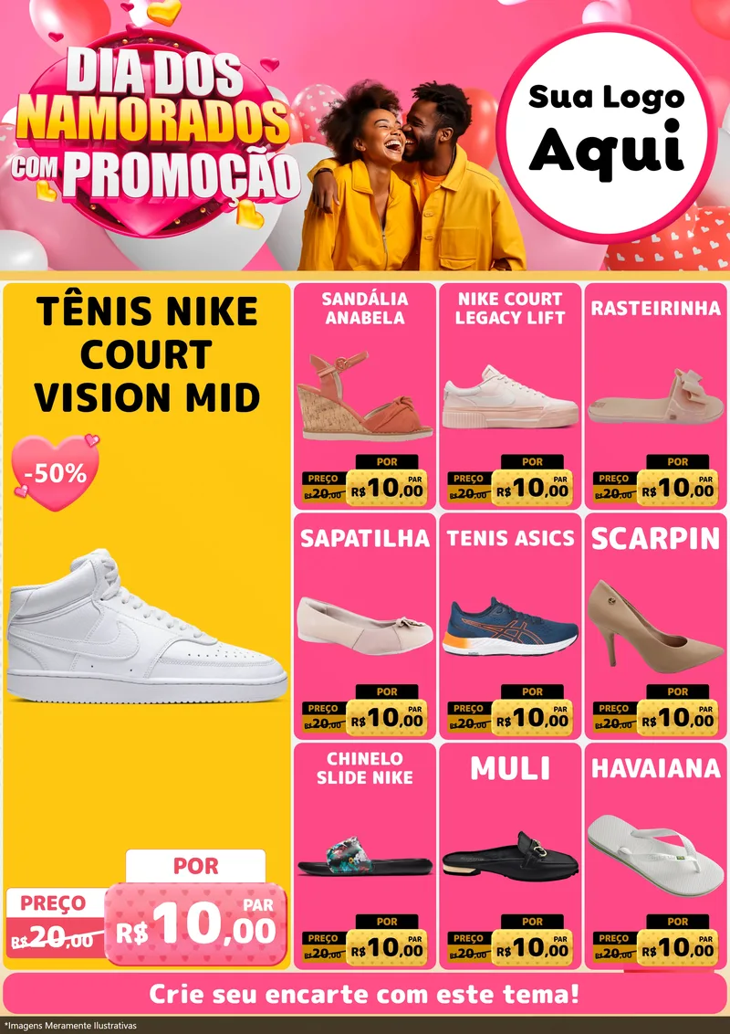 Modelo de Encarte para Encarte A4 Vertical com o tema Dia dos Namorados com Promoção para Calçados