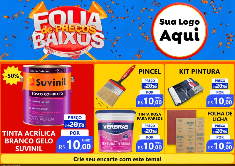 Modelo de Encarte para Encarte A4 Horizontal com o tema Folia de Preços Baixos para Tintas e Ferramentas