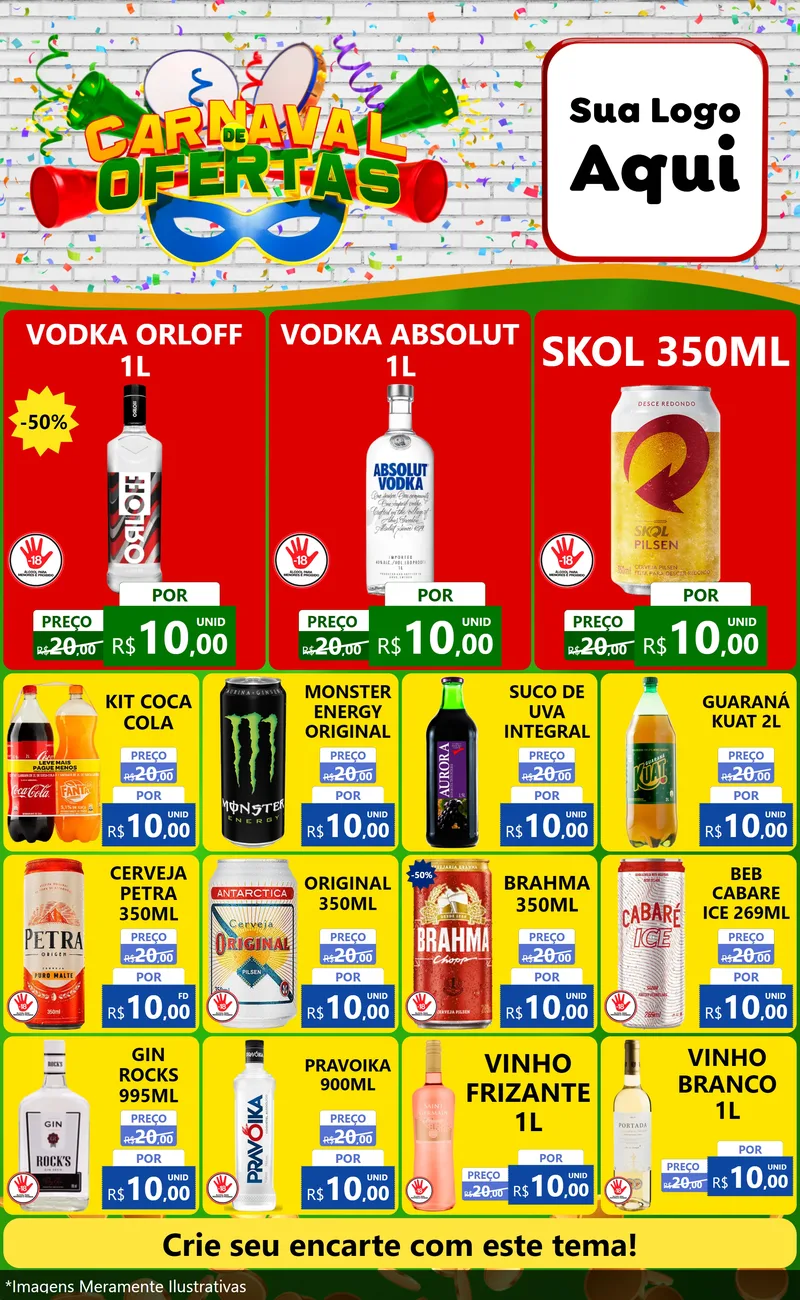 Modelo de Encarte para Encarte Grande com o tema Carnaval de Ofertas para Distribuidora de bebidas