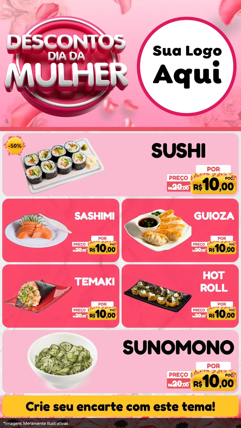 Modelo de TV para TV Vertical com o tema Descontos Dia da Mulher para Comida japonesa